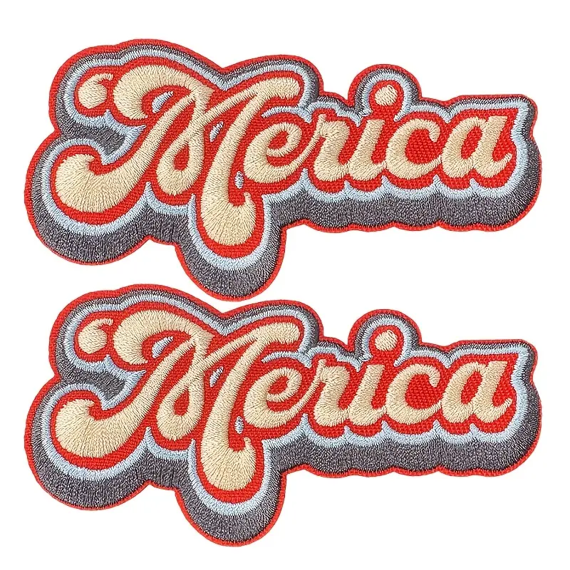 2 Pack Merica Vintage Letter Embroidered Iron On Patches, Retro Sew On Badge DIY Clothing Decor, Patriotic Embroidery Patch for Jackets, Hats, Jeans, Backpacks, Denim Shirts, American Western Fashion Accessories Freeship
