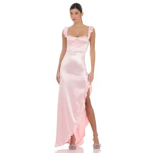 Satin Ruffle Maxi Dress in Pink