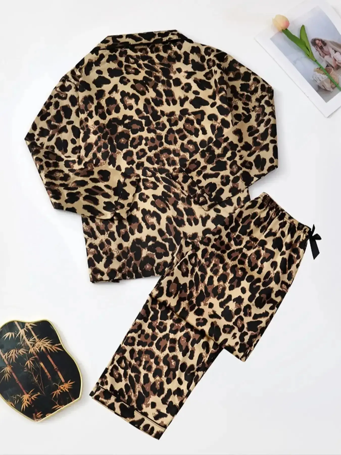 Women's Sleek Leopard Print Satin Pajama Set, Long Sleeve Button Front Top & Pants, Fall Winter Sleepwear, Comfortable Home Wear, Loungewear, Lounge Sets, effortless layering, chic everyday, refined casual
