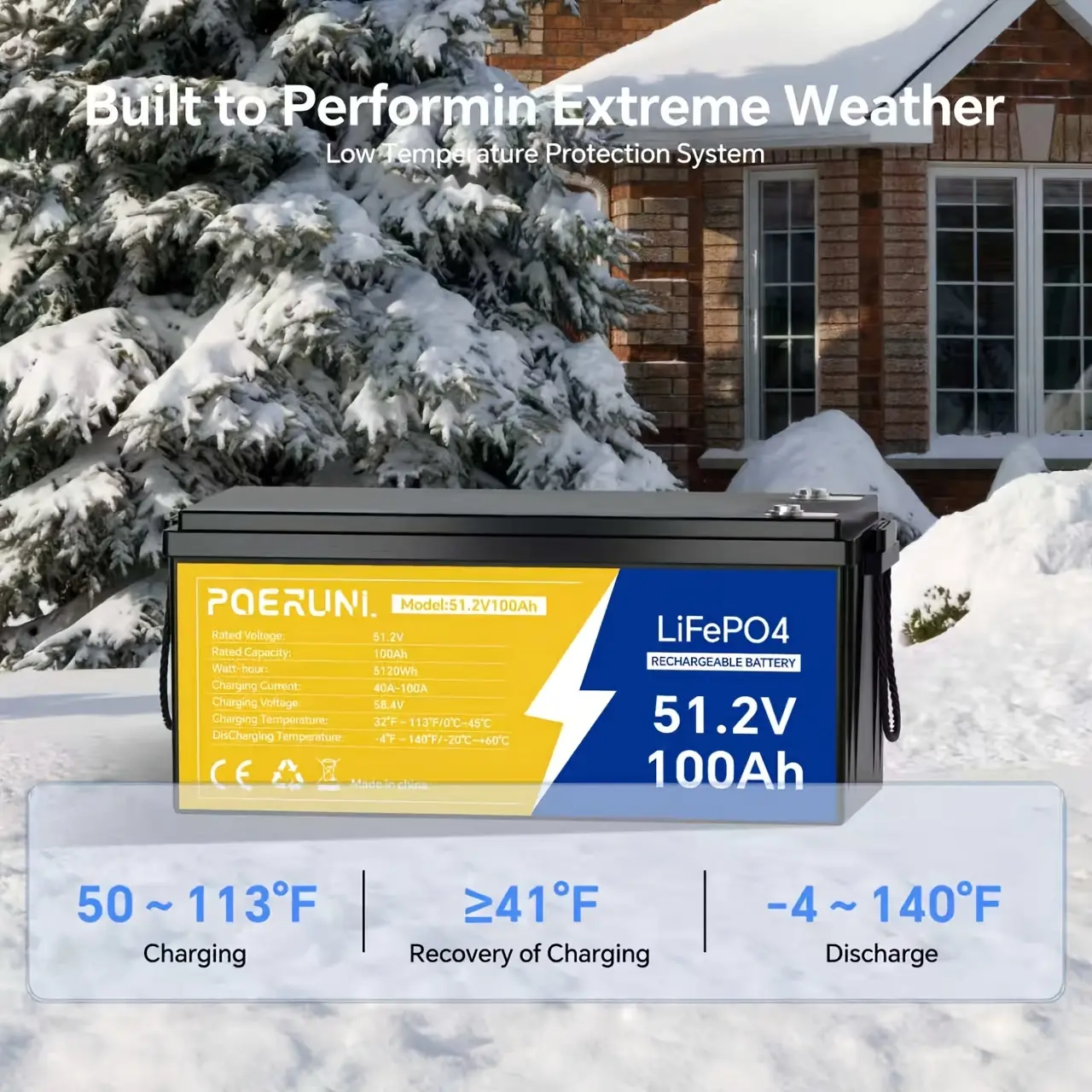 4 Pack POERUNI 51.2V 100Ah LiFePO4 Battery, 5120Wh 48V Lithium Deep Cycle Battery With Built-in 100A BMS, Grade A Cells, 15000+ Cycles, Low-Temp Protection, Perfect For Golf Cart, Solar Energy Storage, Marine, RV