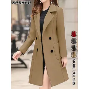 Women's Woolen Coat, Double-Breasted Lapel Waist-Cinching Mid-Length Outerwear, Commuter OL Style Slimming Overcoat for Fall & Winter