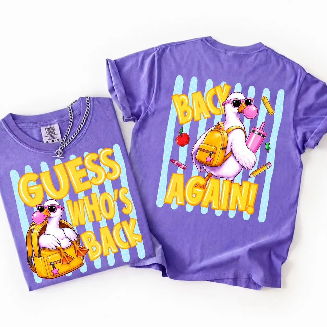 Comfort Colors Cute Duck Back to School Shirt, Retro Duck With Backpack Guess Whos Back Again Funny Teacher Student Tee