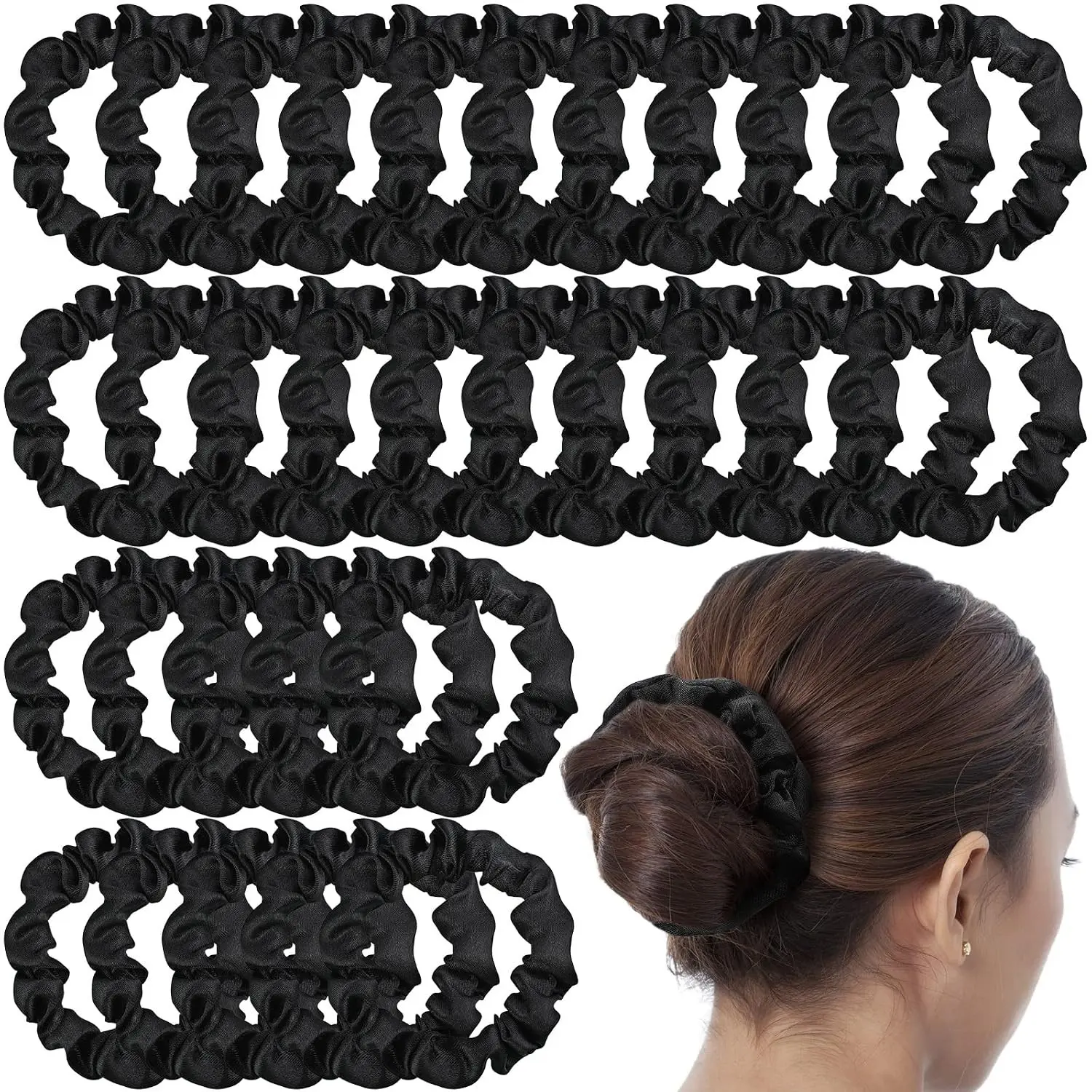 Women's 30-Pcs Silk Satin Mini Scrunchie Bands Bulk Pack - Small Thin Skinny Hair Ties for Pony Tail, Wrist Decor (Black)