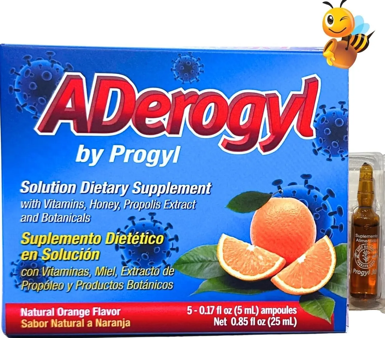 Aderogyl Oral Liquid Vitamins with A, C, D, E, Zinc, Bee Honey, Propolis, and Botanical Extracts - Natural Orange Flavor - 5 Immune Support Supplement Ampoules (0.85 fl oz / 25 ml)