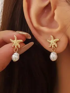 Starfish & Faux Pearl Decor Dangle Earrings, Fashionable Jewelry for Women, Trendy All-match & Exquisite Jewelry for Birthday Gift, Trendy Fashionable Accessories