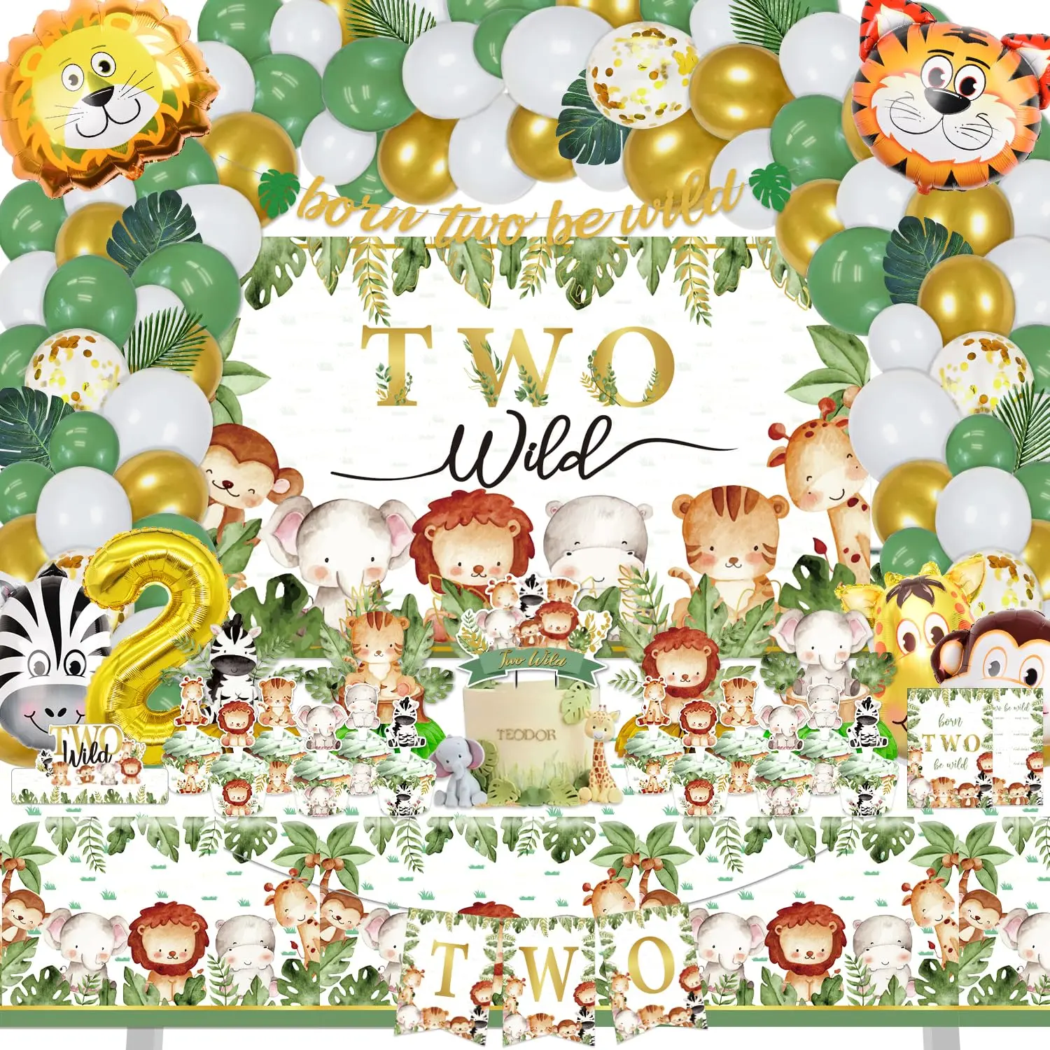 Two Wild Birthday Decorations For Boys Girls159 Pcs Jungle Safari Theme Party Supplies For Baby - Two Wild BackdropCakeCupcake ToppersCupcakes WrappersBalloonsTableclothPalm Leaves,