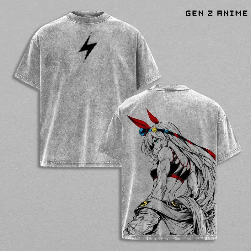 Men's Tamamo Cross Graphic Tee in an Oversized Vintage Wash, Heavyweight 230GSM Cotton Anime Streetwear, Casual, Round Neck, Print