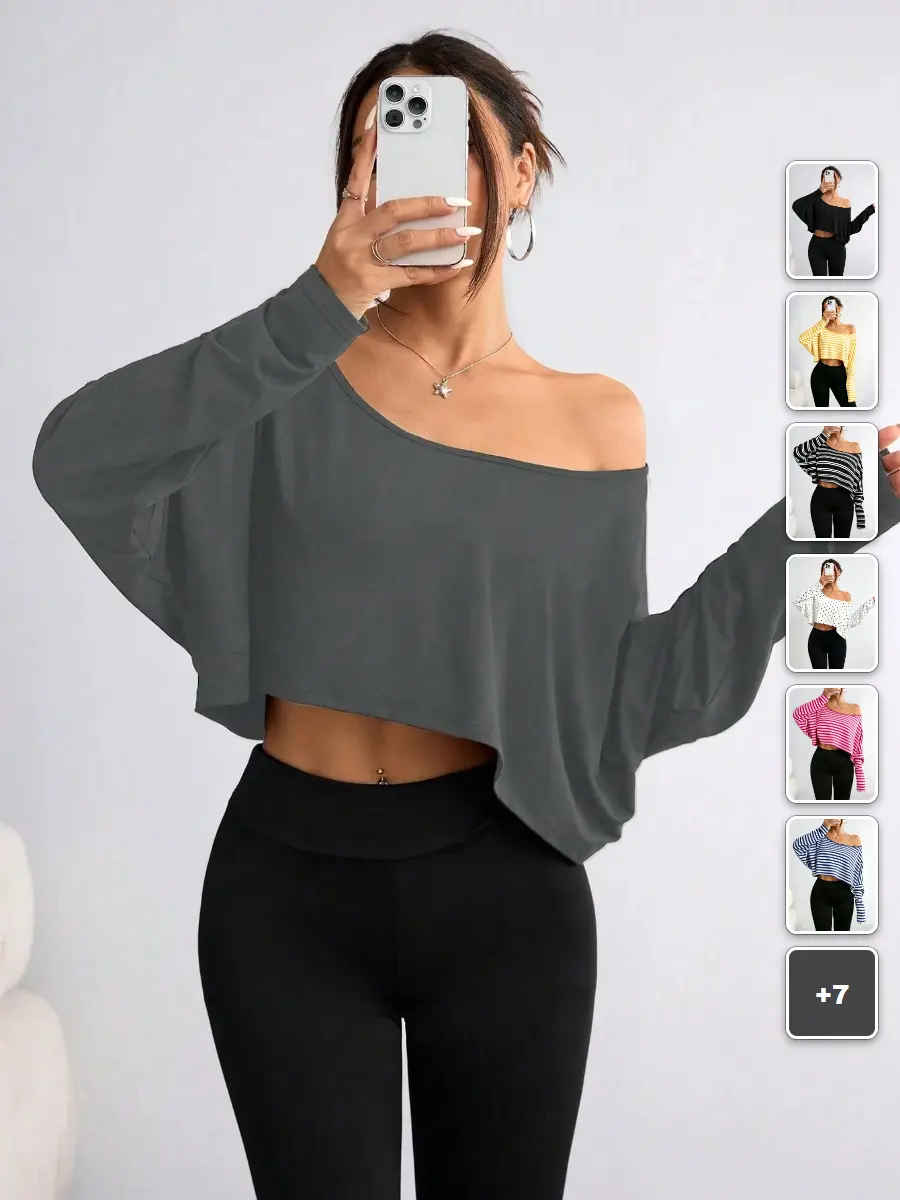 Plus Size Crop Top Long Sleeve Asymmetric Collar Casual Fall Outfit