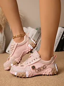 Luxury Rhinestone Sports Shoes, Thick Sole Dad Sneakers for Women, New Trendy Casual Footwear, All-Season Plain Design, Glitter Design Sneakers