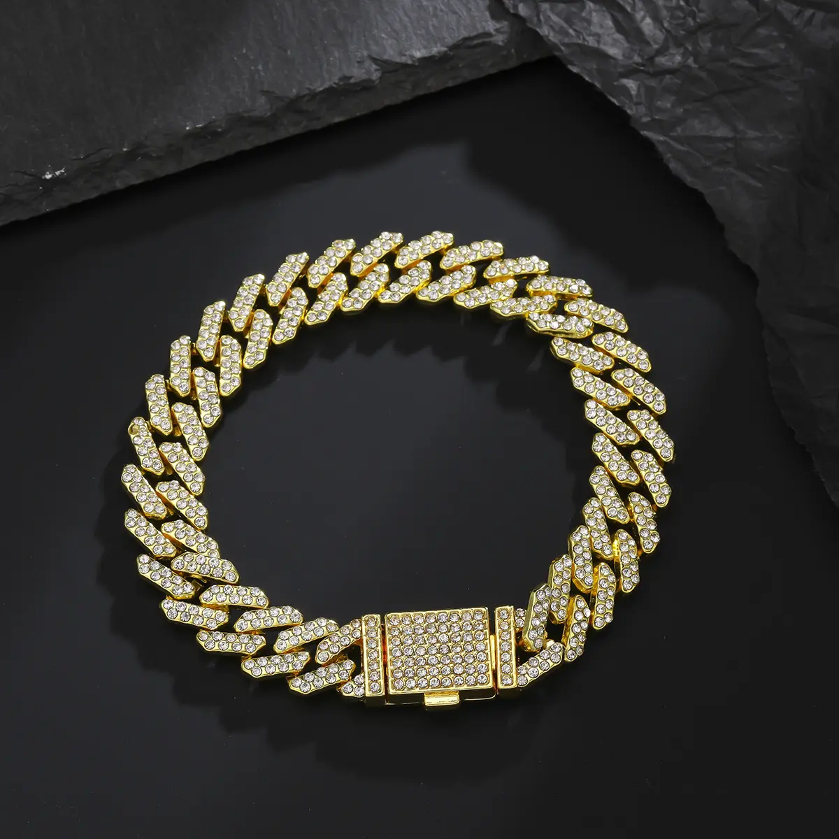 Hip Hop Domineering Flip Full Diamond 12mm Rhombus Cuban Chain Men's Necklace Hipster Collarbone Chain Accessories