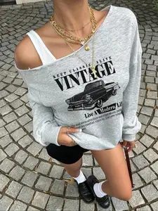 Women's Off-Shoulder Letter Print Sweatshirt, Soft & Loose Fit Casual Top, All Seasons Fashion