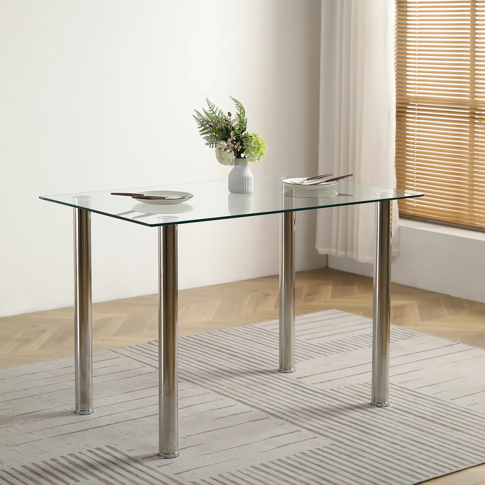 Tempered Glass Dining Table, 4-Seat Clear Glass Top with Stainless Steel Frame for Modern Dining Room Kitchen, 110x70x75cm