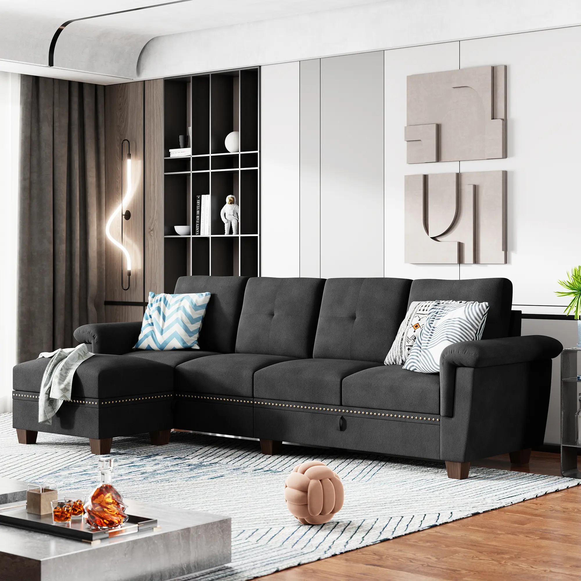 Walsunny 107'' Sectional Sofa Couches for Living Room L Shaped Couch with Storage, Convertible 4-Seat Sofa Couch with Reversible Chaise Living Room Furniture Sets with Cup Holders