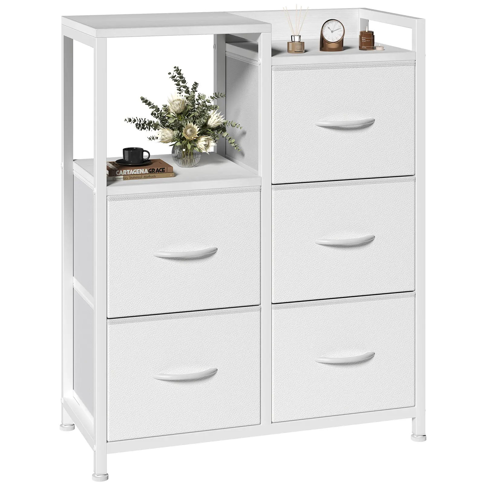 5-Drawer Fabric Dresser with Open Shelf, MDF Wood Top Storage Organizer, Metal Frame Storage Tower for Bedroom, Living Room, Entryway & Closet