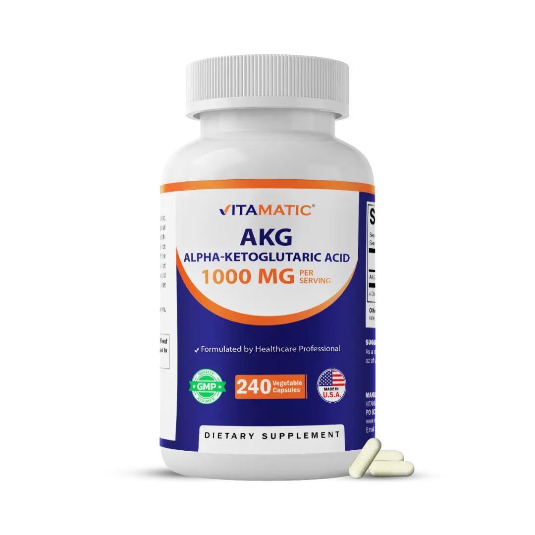 Vitamatic Alpha-Ketoglutaric Acid (AKG) Dietary Supplement - 1000 mg Per Serving, Amino Acid Support for Energy & Metabolism, 240 Veg Capsules, Non-GMO, Made in USA, Fitness-Friendly Healthcare Aid