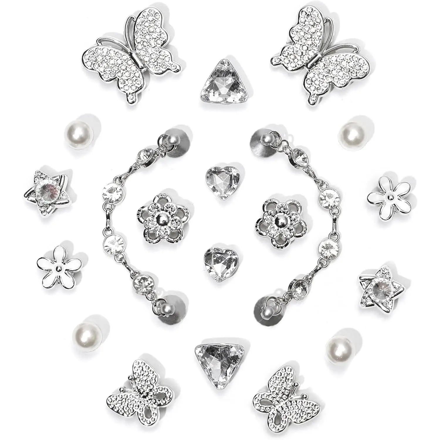 Silver Bling Shoe Charms, 20-Piece Cute Decorative Accessories for Women & Girls with Pearl, Flower, Butterfly Gem Designs, Lightweight Plastic