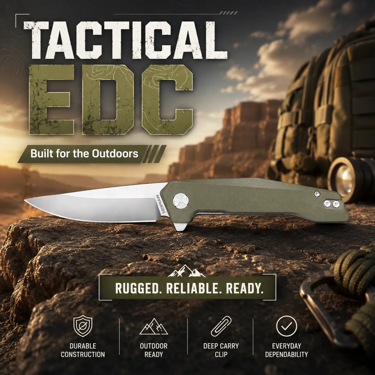 HOPIAN VEX Olive Green Grid Textured G10 Compact Outdoor Folding EDC Pocket Knife, 8.07 Inch Overall 3.35" Satin D2 Drop Point Blade, Ambidextrous Flipper Liner Lock Utility Folder with Deep Carry Clip for Camping Wh,,Dama,Cor,all-purpose,daily,ca,secure,