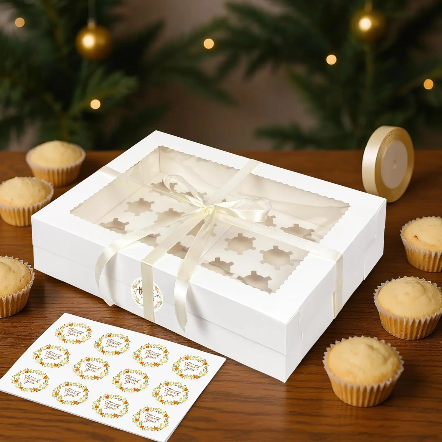 6PCS White Bakery Box Cupcake Box Cookie Box Small Treatment Box Mini Cake Box Dessert Cupcake Macaron Chocolate Pastry Baking Package with Window Silk Ribbon Sticker included