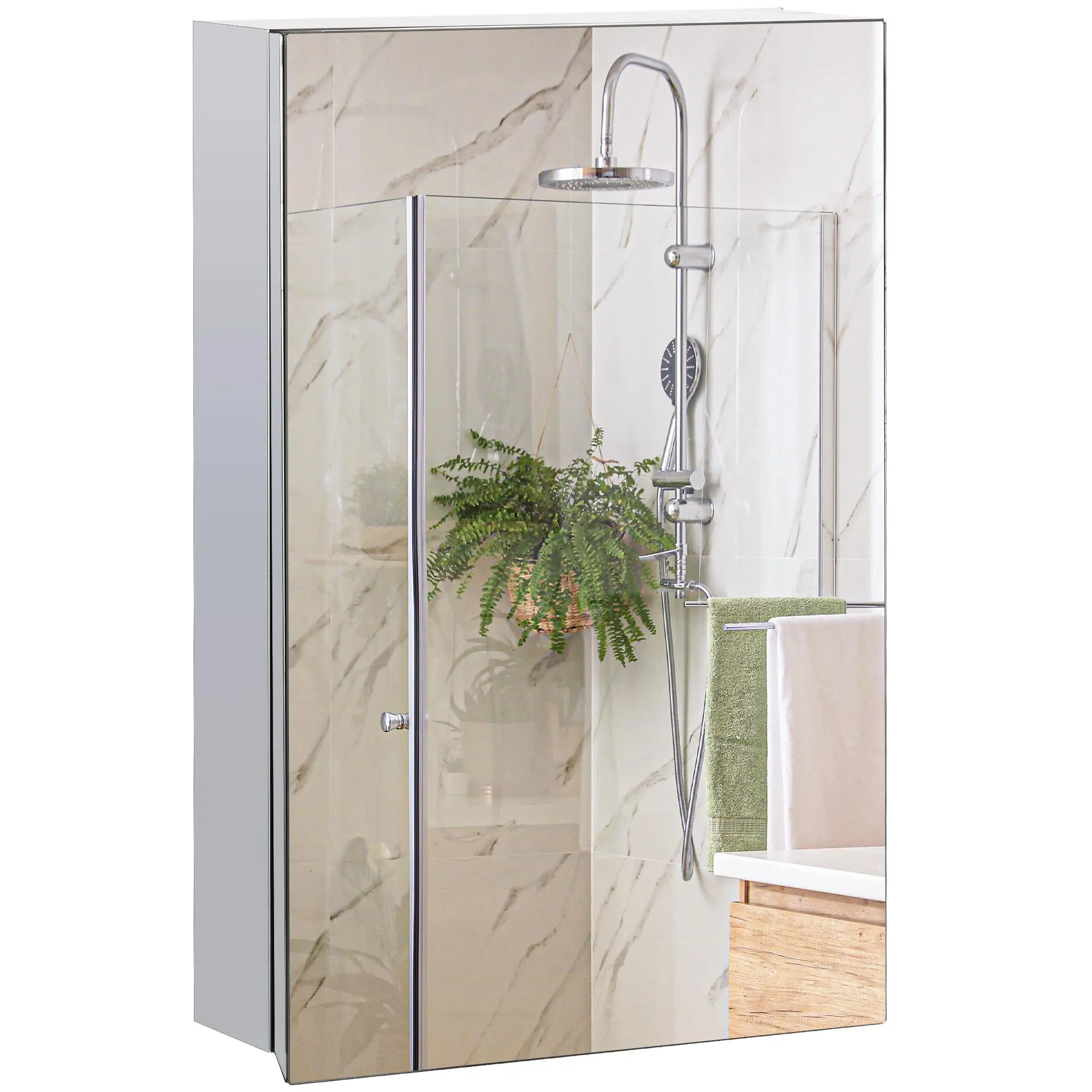 Kleankin Stainless Steel Wall-Mounted All-Steel Mirror Cabinet - Non-Plastic Hinged Mirror Cabinet with Mirrored Surface, Quiet Hinge Door, Storage Shelves for Bathroom, 15"x24", Silver, All-Steel Mirror Cabinets, Hinged Mirror Cabinets