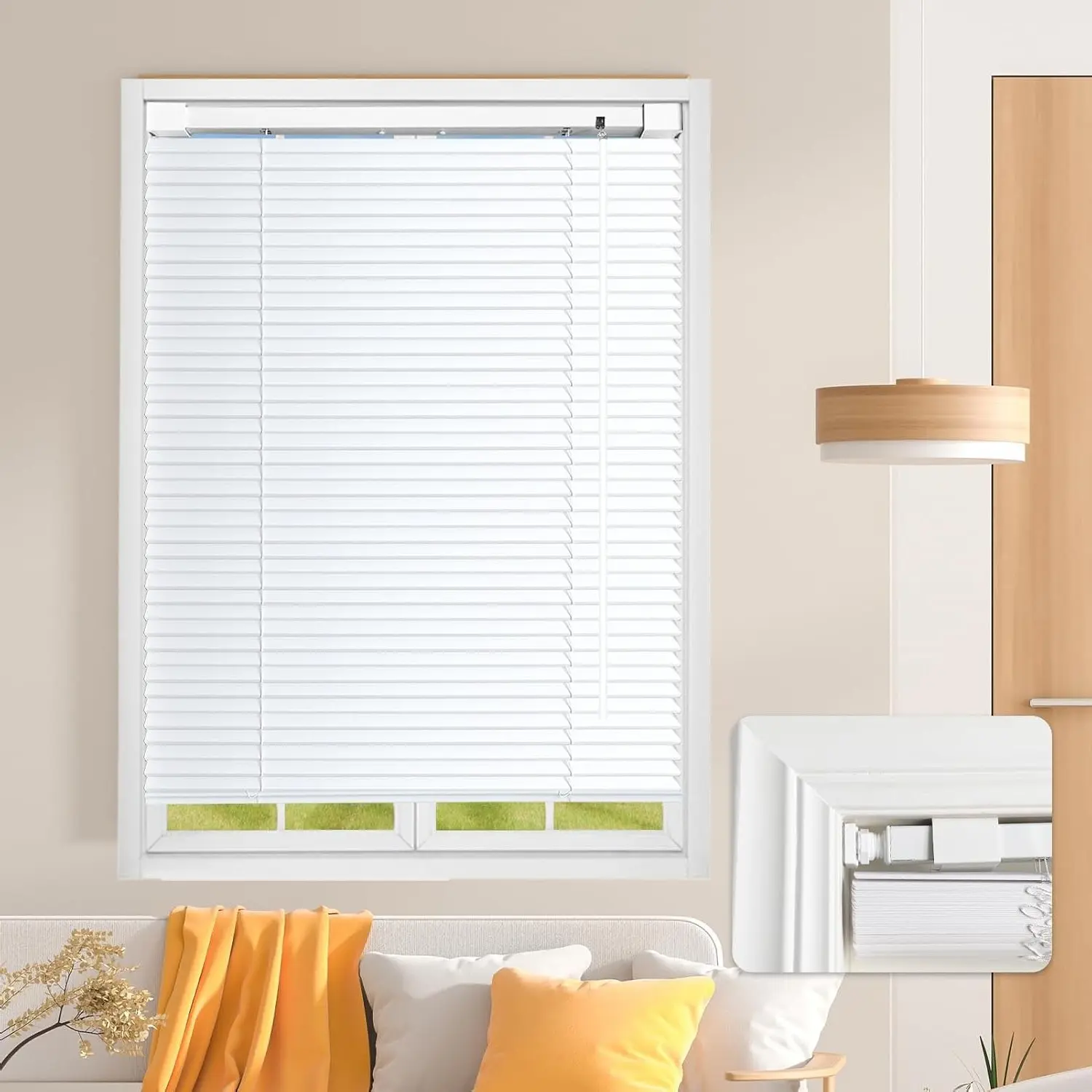 L-Shaped Vinyl Cordless Mini Blinds, White, 22.5" W x 48" H, 1" Slats, No Tools, Horizontal Window Blinds, Light Filtering, Indoor Windows