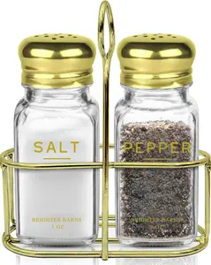 Gold Salt and Pepper Shakers Set with Holder - Luxury Kitchen Decor & Accessories - Modern Glass Shakers with Stand & Stainless Steel Lids for Neutral Home, Restaurants (Clear/Gold)