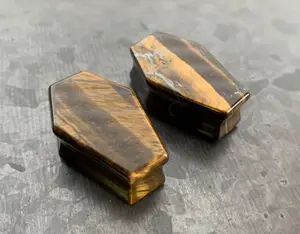 PAIR of Unique Coffin Shaped Organic Tiger Eye Double Flare Stone Plugs - Gauges 2g (6mm) to 1" (25mm)
