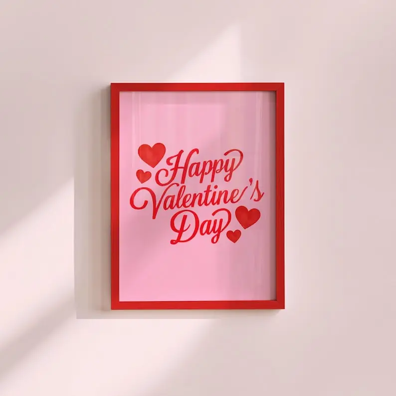 [UNFRAMED POSTER] Happy Valentine’s Day Print Pink and Red Heart Wall Art Romantic V-Day Poster Retro Valentine Sign Printable Love Decor