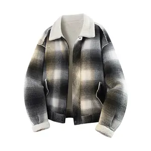 Men's Black White Plaid Sherpa Collar Jacket, Retro Casual Fleece Lined Streetwear Coat