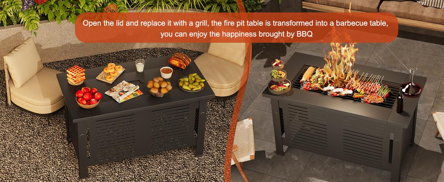 AECOJOY Rectangle Fire Pit Table Metal Outdoor Fireplace with Waterproof Cover 3 in 1 Firepits for Outside Gatherings Durable Material Safe Easy Assembly - Patio