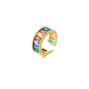 Electroplated minimalist design colorful zircon ring, seven-color fashion retro ins open ring for women.