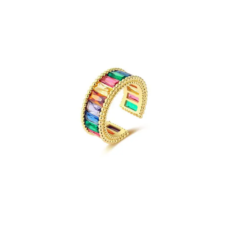 Electroplated minimalist design colorful zircon ring, seven-color fashion retro ins open ring for women.