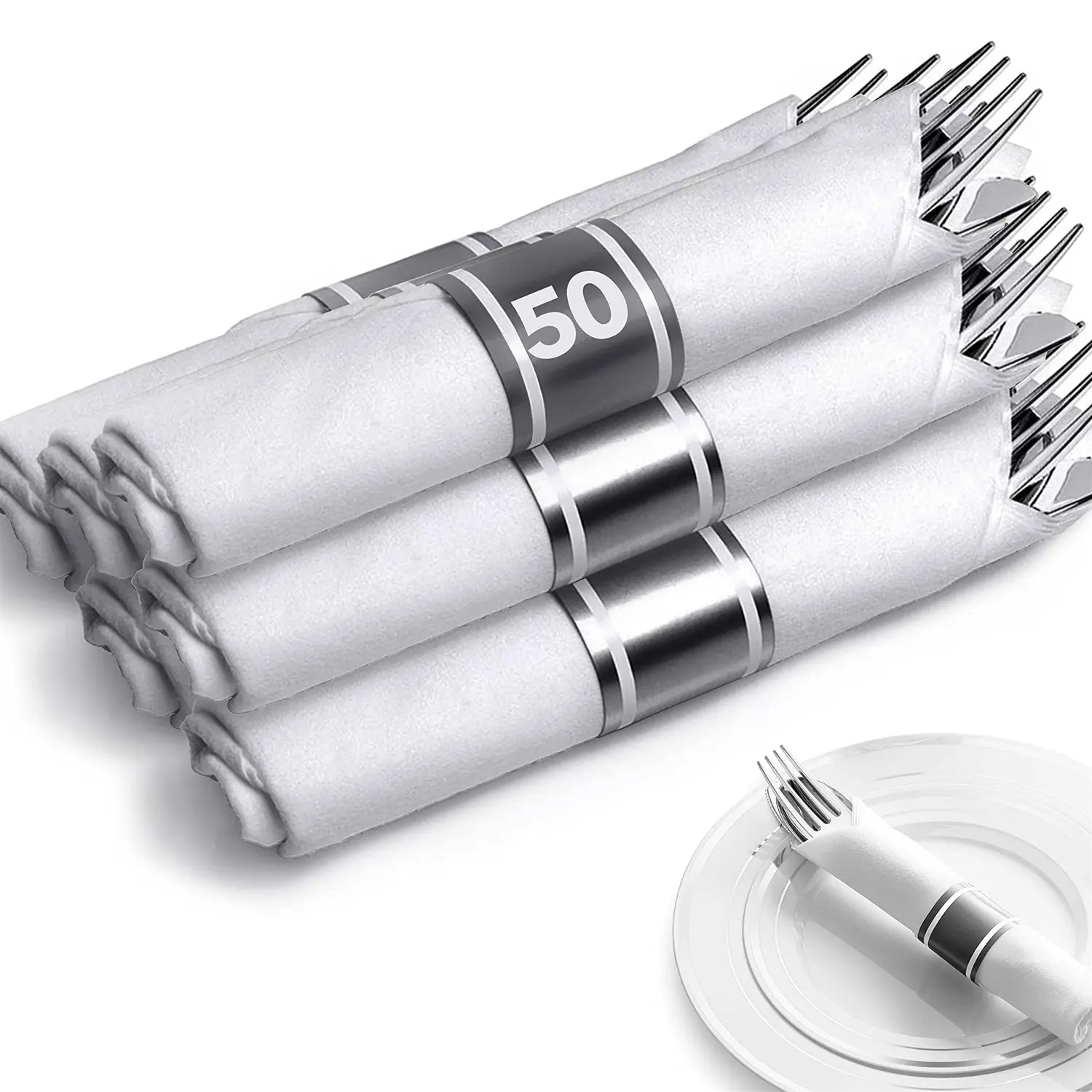 Pre Rolled Plastic Silverware Sets for Parties (50 Pack) Silver Cutlery Set, Disposable Spoons, Forks, Knives, Napkins Prewrapped, Heavy Duty Utensils Individually Wrapped for Wedding, Thanksgiving