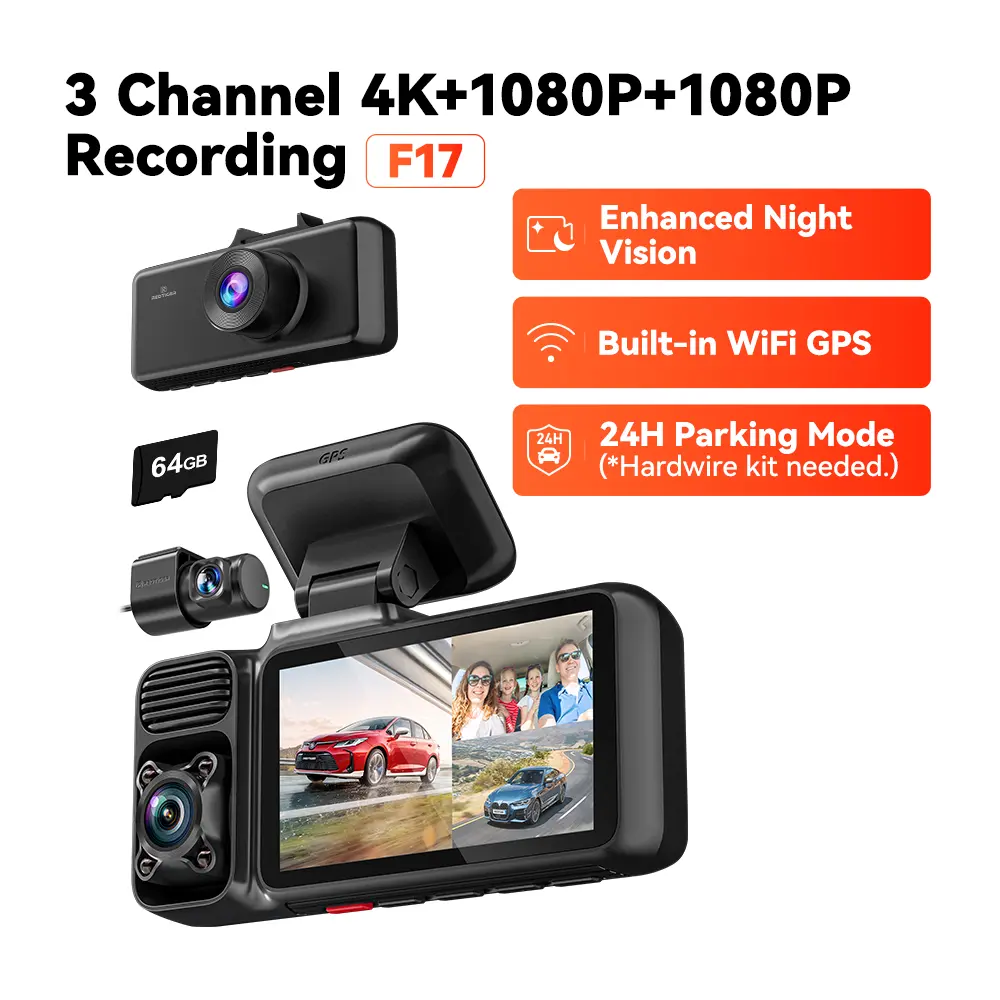 REDTIGER F17 4K 3-Channel Dash Cam with 5GHz WiFi GPS, 64GB Card, 2160P+1080P+1080P Cameras, IR Night Vision, Parking Mode, Car rvibes, Car VLOG, Summervibes