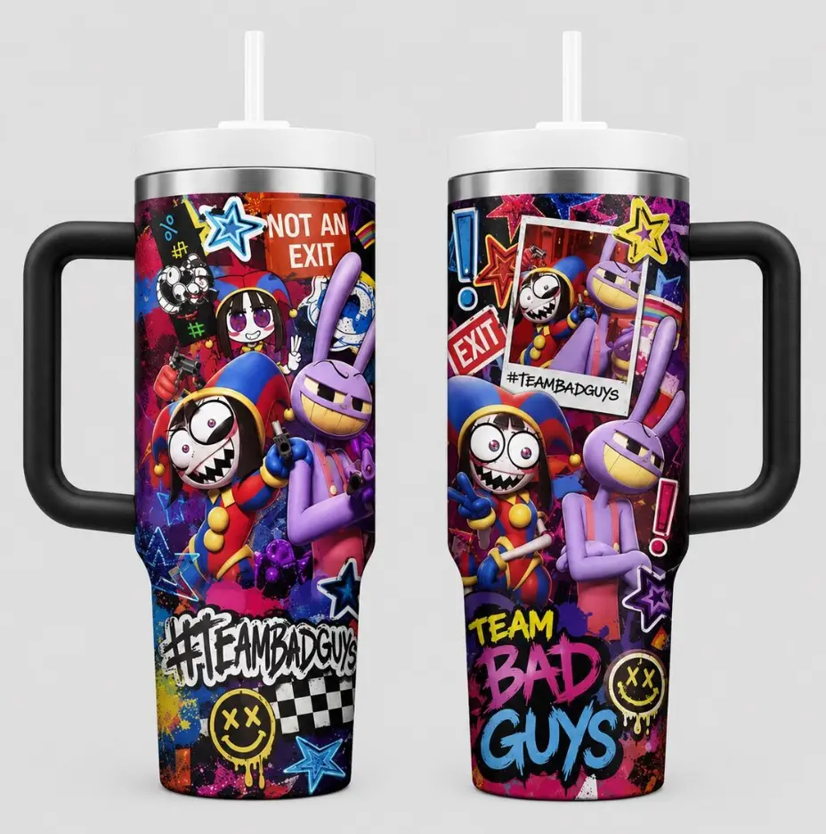 [Anime Cartoon Fan Style] Jax & Pomni Inspired Tumbler 40oz 20oz With Handle, Cartoon Fantasy Character Artwork Stainless Steel Insulated Travel Cup, Movie Fan Drinkware Gift For Family Friends