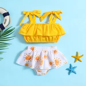 Kid Girl Bikini Swimsuit Sleeveless Of Shoulder Vest Beach Shorts