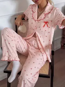 Women's Short Sleeve + Long Pants Pajama Set, Plaid Cherry Print with Ruffle Design, Breathable and Comfortable, Ideal for Sleepwear Parties and Gifts