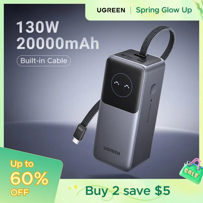 UGREEN Nexode Power Bank 20000mAh 130W Portable Charger Built-in USB C Cable, Pack with TFT Smart Display for MacBook/iPad/iPhone 17 16/Samsung S24 and More ,September Restock,TikTokShopSpringGlowUp,Greenish