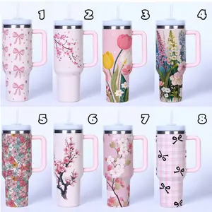 8 Styles Floral Pink Tumbler with Handle & Straw 40oz, Cute Aesthetic Flower Design Insulated Travel Cup, Reusable Cold Drink Mug Gift for Her