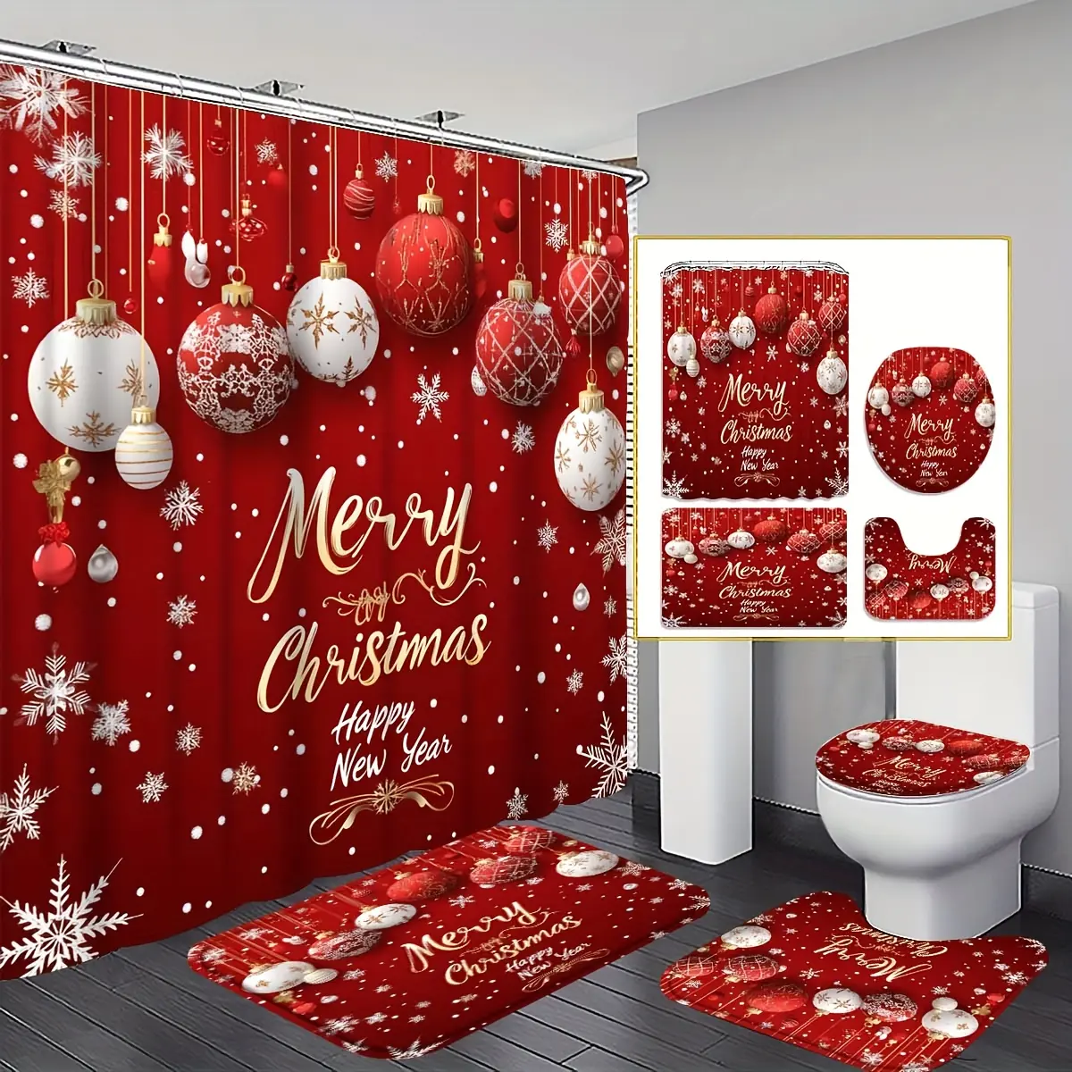 2D) 4pcs Festive Style Christmas Decorative Ball Pattern Digital Print Shower Curtain Set, Christmas Decoration, Bathroom Accessories Including Bath Mat, U-Shaped Mat, Toilet Mat, Shower Curtain with Hooks, Suitable as a Holiday Gift,family,farmhouse,,top