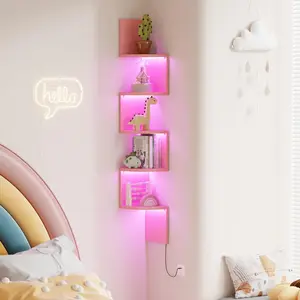 5-Tier Corner Shelf with LED Lights, 49 Inch Floating Wall Mounted Corner Shelf for Bedroom Living Room Bathroom,  Corner Bookshelf Display Stand with RGB Lighting