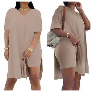 2026 New Plus Size Two‑Piece Outfits with Pocket, Women’s Casual Summer Tracksuit, Long Sleeve Tunic Top & Skinny Biker Shorts Set, Breathable Comfortable Spring Bodycon Loungewear,