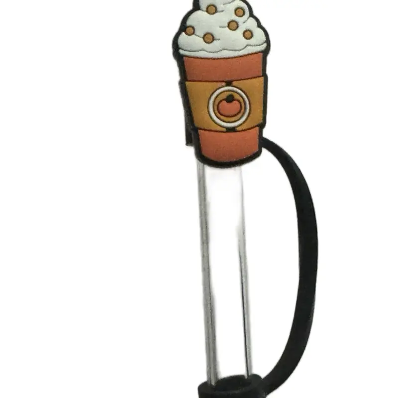 Pumpkin Spice Straw Topper - Coffee Cup Design with Black Elastic Strap, Fits 20oz Coffee & Tea Beverage Cups, Compatible with 8mm Straws, Kitchenware Drinkware Accessory