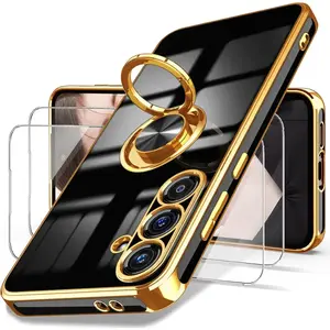 for Samsung Galaxy A36 5G Case, Galaxy A36 5G Case with Screen Protector, 360° Rotatable Ring Holder Magnetic Kickstand,Plated Gold Edge Slim Soft TPU Protective Phone Cover (Black, ZH)