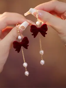 French Sweet Versatile Velvet Bow Fringe Earrings, Elegant Design with Faux Pearls, Perfect for Women Any Occasion, Fashionable Jewelry