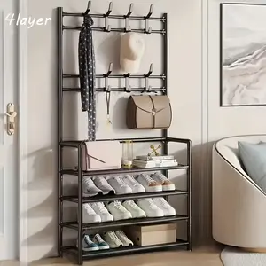 Multifunctional Shoe Rack Shelf 4-Tier Metal with 8 Hooks, Stainless Steel, Ideal for Home, Dormitory, and Rental Properties