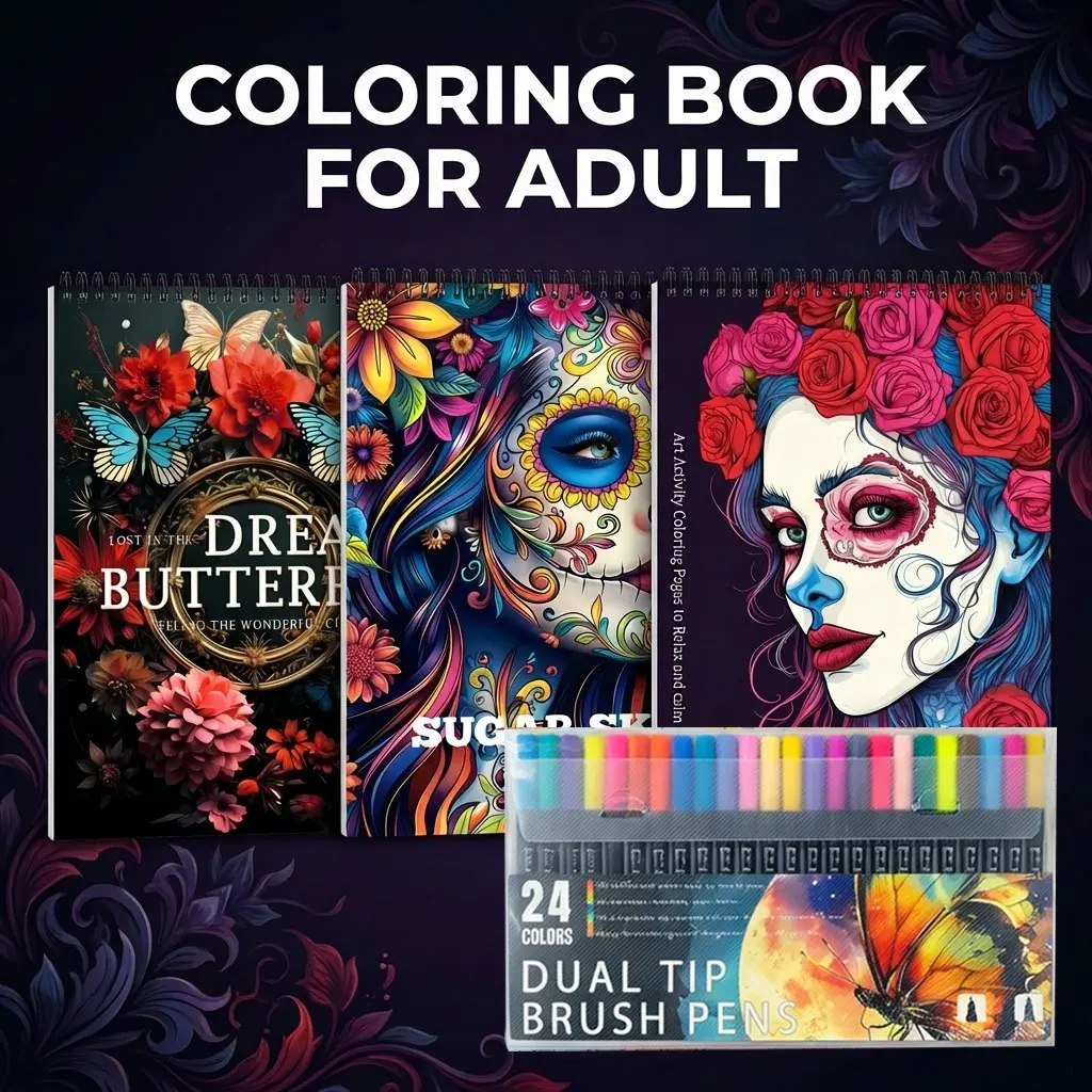 3pcs Coloring Books Set, Art Supplies Kit, 24 Colors Markers - Women & Butterfly Themes, Beginner-Friendly, Patterns for Adults - A4 Spiral Bound with Vivid Designs, Therapeutic Fun - Perfect Gift for Valentine's Day & New Year