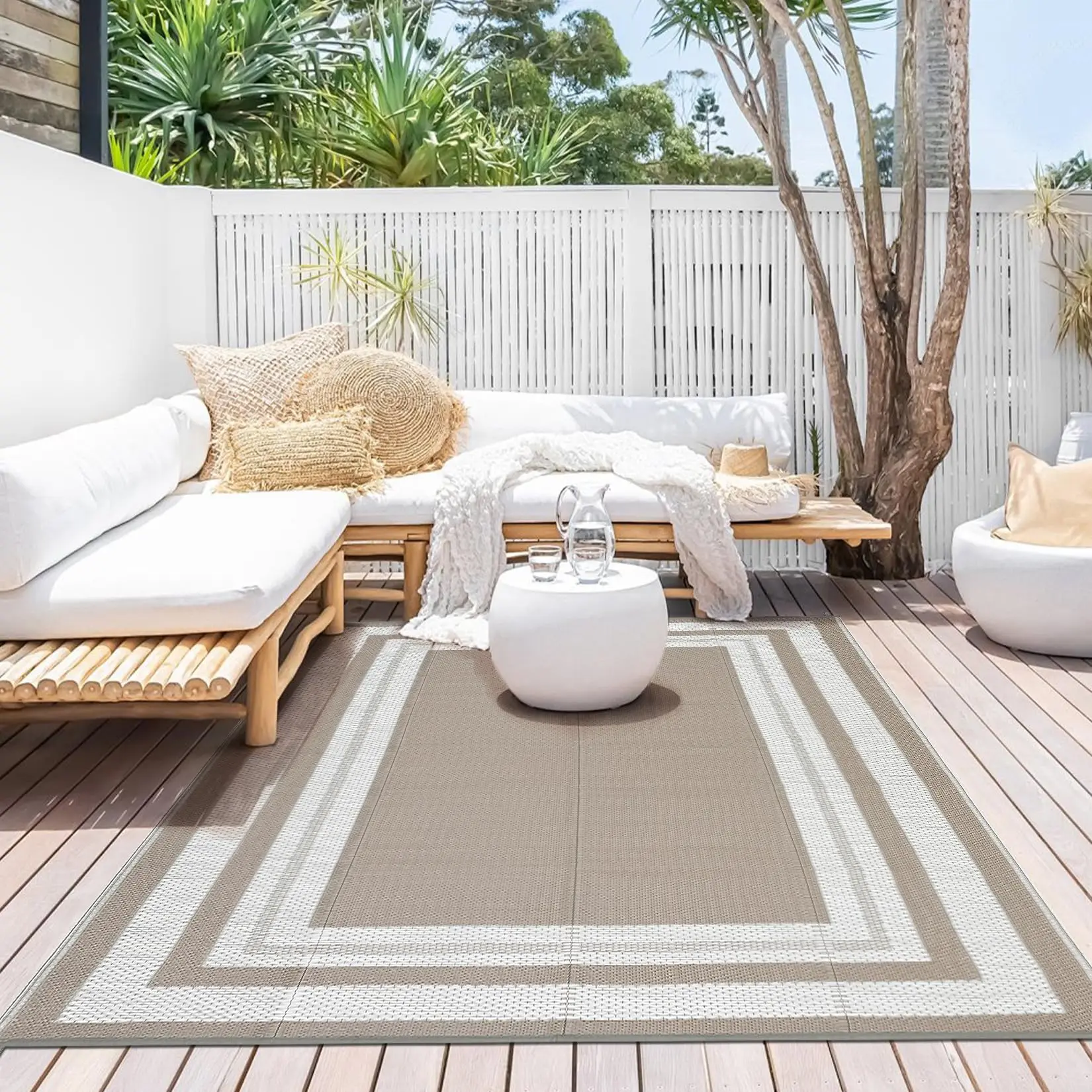 GARVEE 9x18 Outdoor Plastic Rug with Simple Frame Pattern, Stain Resistant, Low-Weight, Non Slip Waterproof Carpet for Patio, Garden, Porch, Entryway, and Outdoor Use - Brown