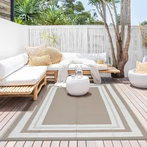 GARVEE 9x18 Outdoor Plastic Rug with Simple Frame Pattern, Stain Resistant, Low-Weight, Non Slip Waterproof Carpet for Patio, Garden, Porch, Entryway, and Outdoor Use - Brown