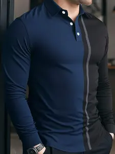 Men's Casual Spring & Fall Patchwork Long Sleeve Polo Shirt, Menswear, Striped Design, Fitted Style, Outdoor Activities & Daily Wear