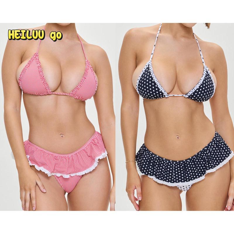 Women's 2 Piece Bikini Set Fashion Halter Neck Skirt Swimsuits Summer Two Piece Bathing Suit Polka Dot Print Bikini Set